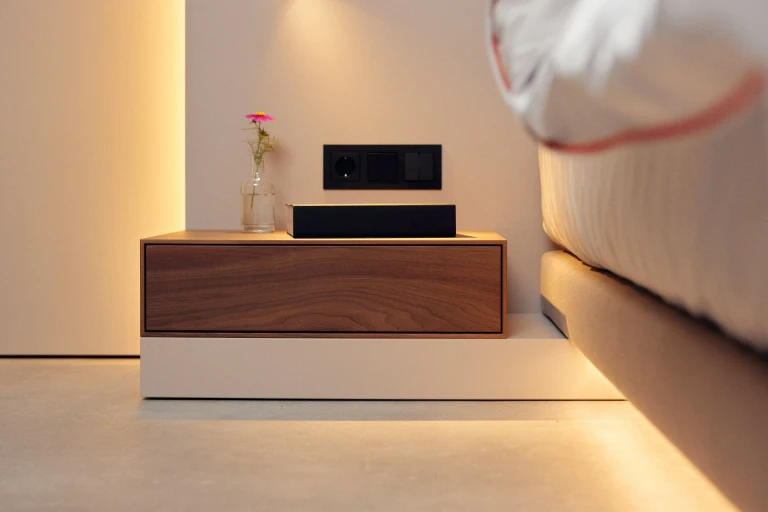 Ultraflaches Boxspringbett mit lackiertem Wandpaneel