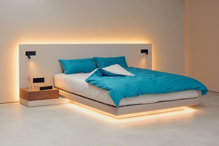 Ultraflaches Boxspringbett mit lackiertem Wandpaneel